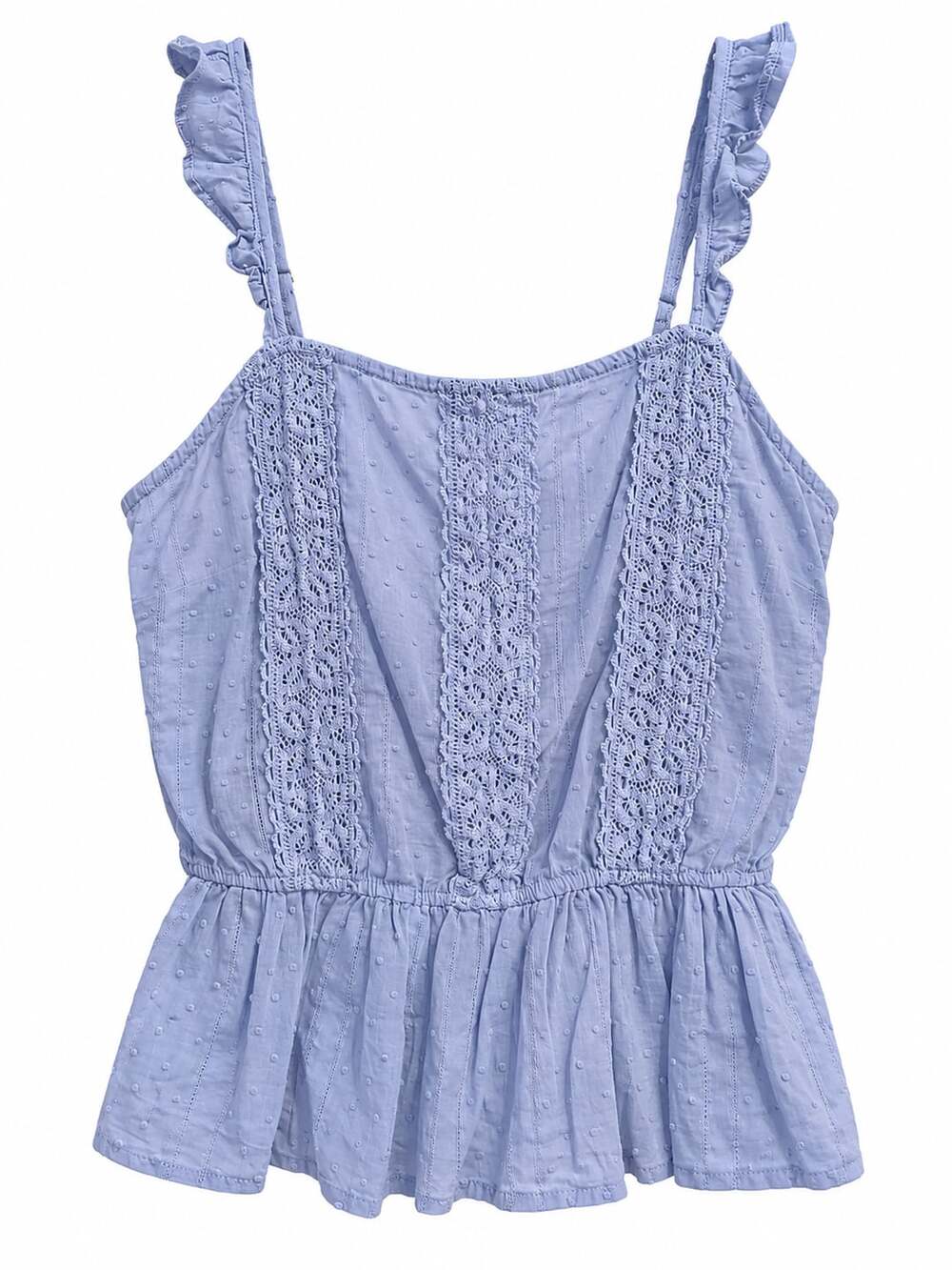 Light Blue Lace Trim Ruffle Strap Peplum Tank Top
